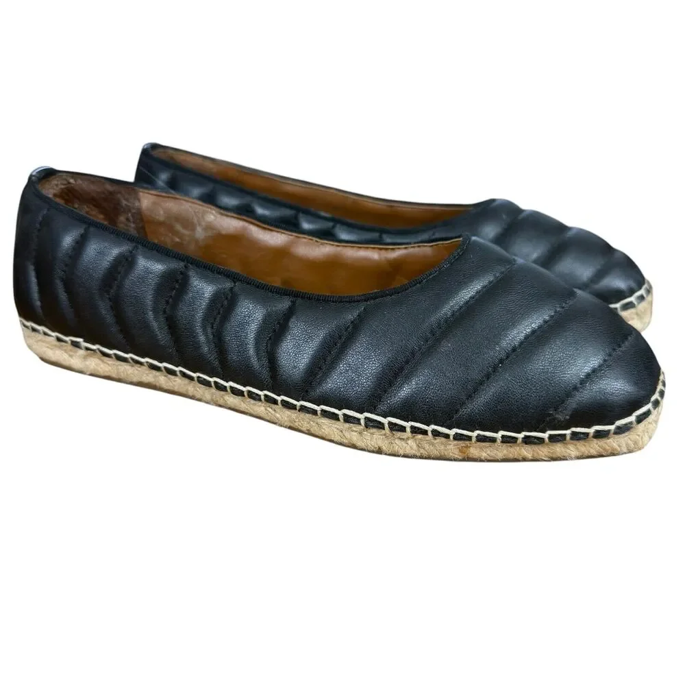 Franco Sarto Kyla Quilted Black Leather Espadrille Square Toe Flats Shoes sz 8.5